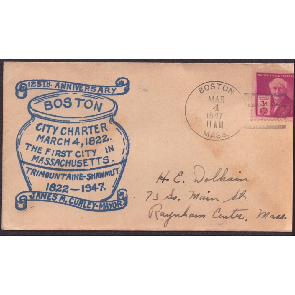 1947 Boston City Charter 125th Anniversary FDC Cachet James M Curley Mayor VG - Picture 1 of 2